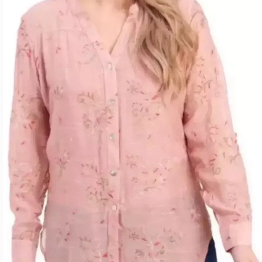 Anthropologie Fig & Flower Embroidered Floral Button Down Roll Tab Sleeve - Picture 2 of 13